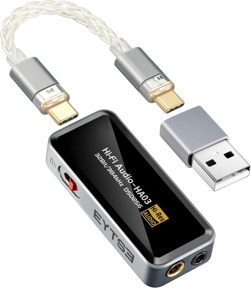 EYTSE مضخم صوت سماعات USB C DAC محمول، HiFi 32Bit/384kHz DSD256 ثنائي CS43131، ميني DAC أمب، موصل 3.5mm/4.4mm، محول صوت للهواتف/الكمبيوترات/اللاب توب/الأجهزة اللوحية، فضي - Image 1